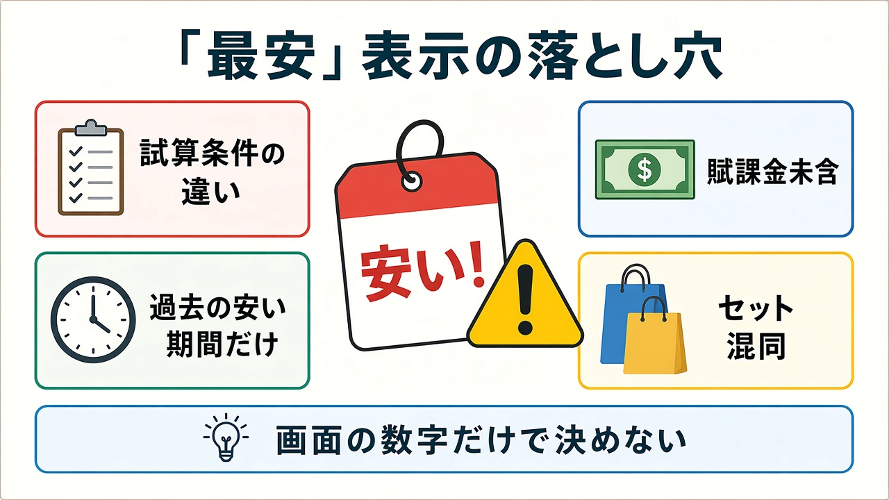 「最安」表示の落とし穴|試算条件・賦課金未含・過去の安い期間だけ