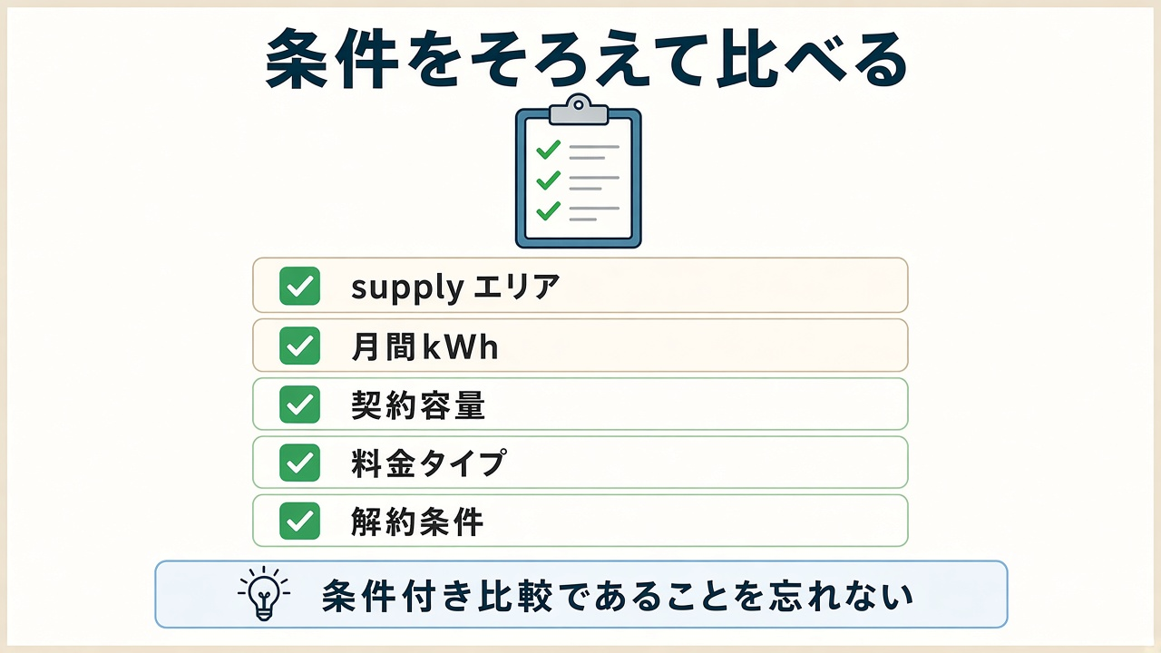 条件をそろえて比べる|エリア・月間kWh・契約容量・料金タイプ・解約条件