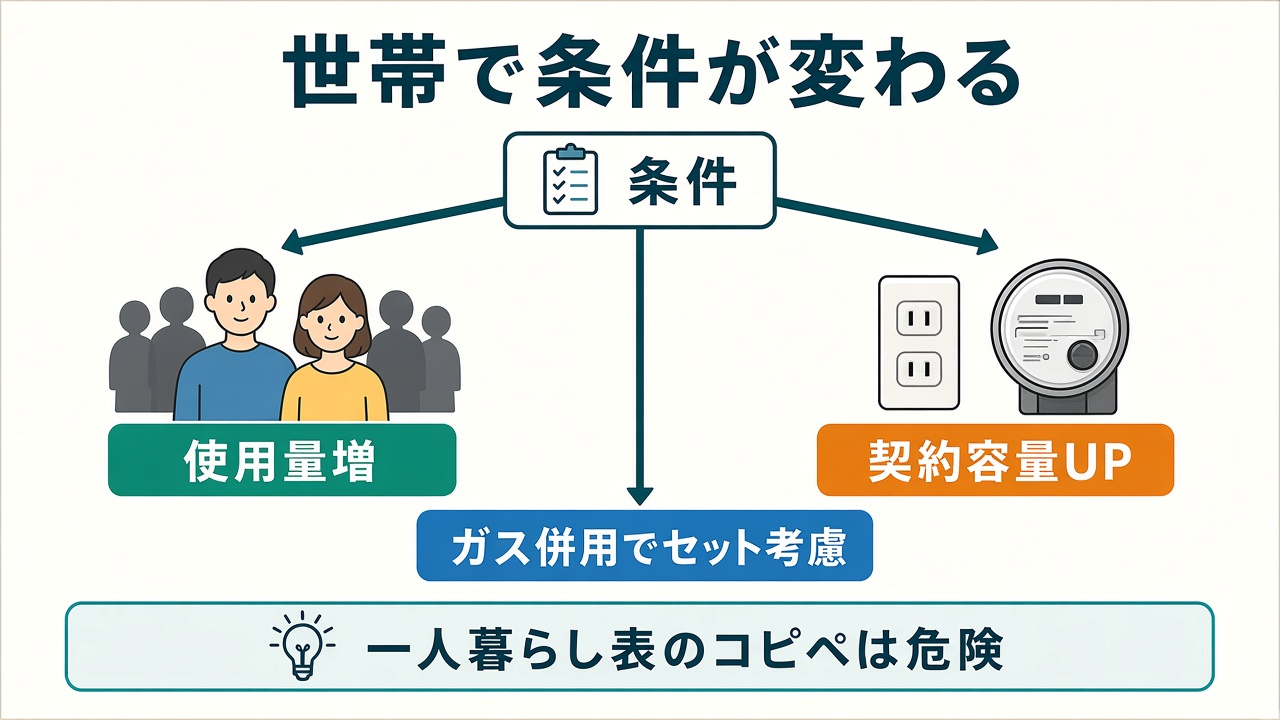 世帯で条件が変わる|使用量増・契約容量UP・ガス併用でセット検討