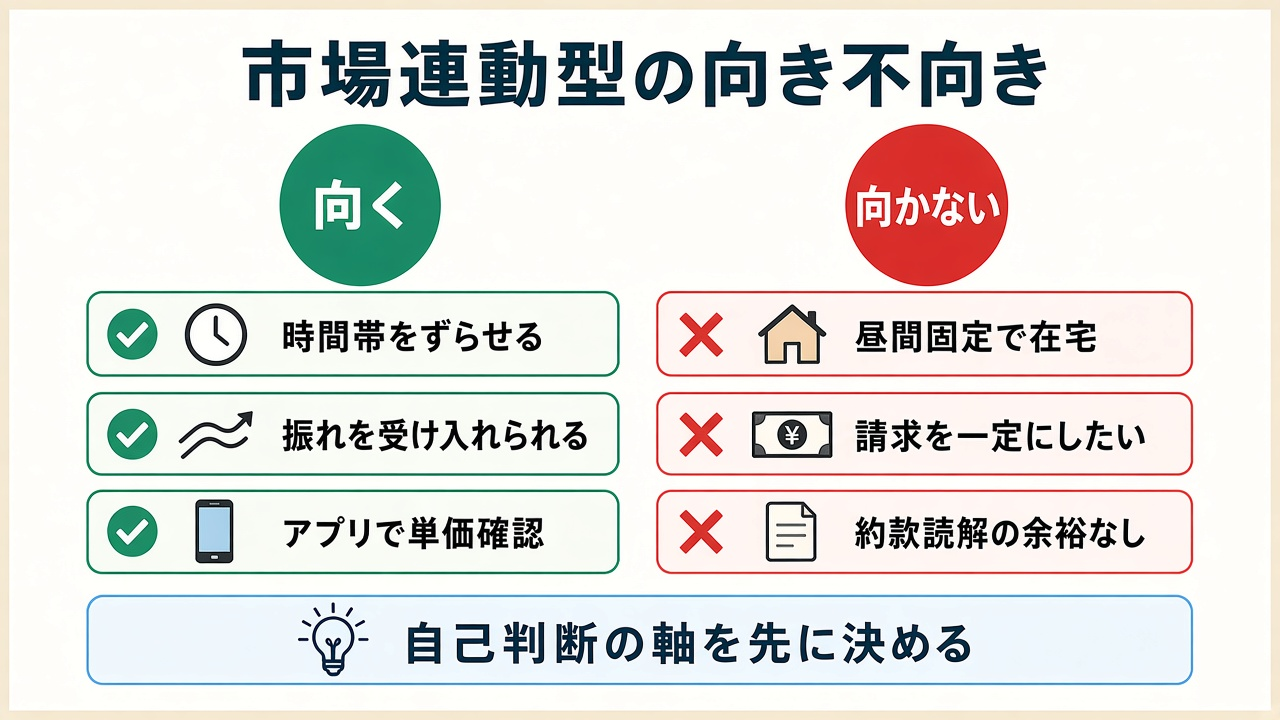 市場連動型の向き不向き|時間帯をずらせる向く/請求を一定にしたい向かない
