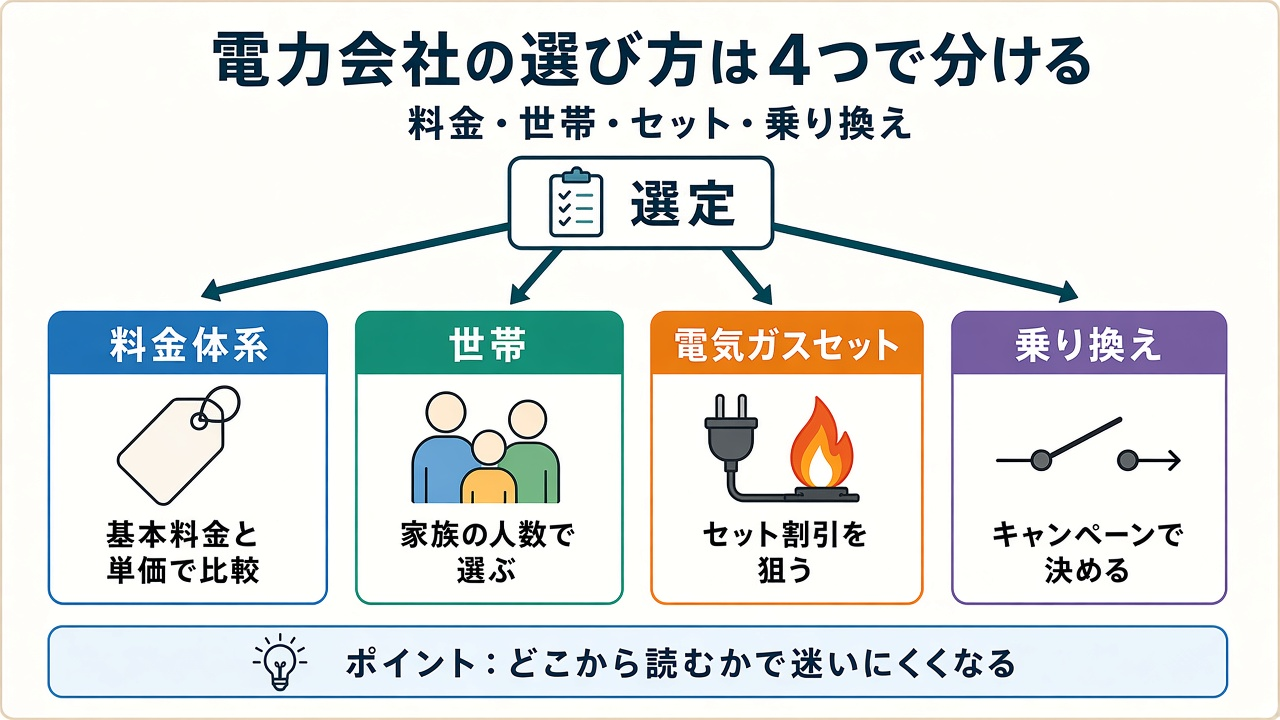 電力会社の選び方は4つで分ける|料金・世帯・セット・乗り換え
