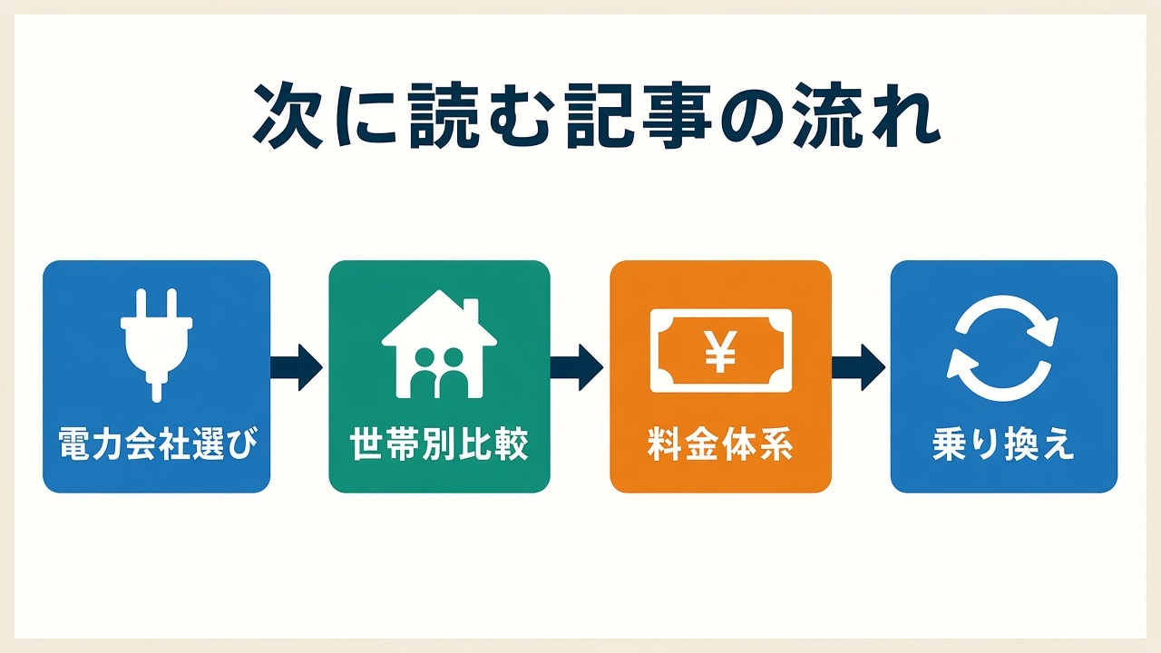 次に読む記事の流れ|電力会社選び→世帯別比較→料金体系→乗り換え