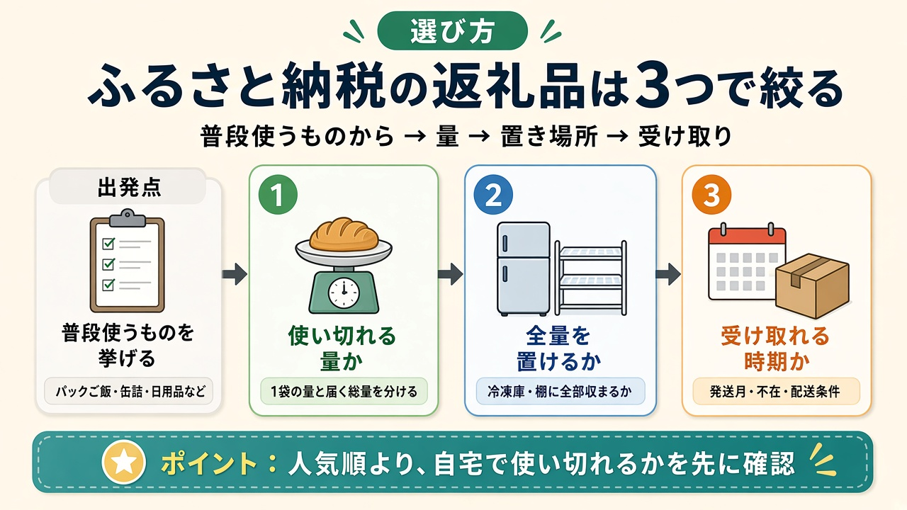 ふるさと納税の返礼品は3つで絞る|普段使うものから量・置き場所・受け取りで選ぶ図