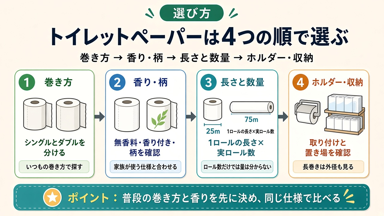 トイレットペーパーは4つの順で選ぶ|巻き方・香り・柄・長さと数量・ホルダー・収納のフロー図