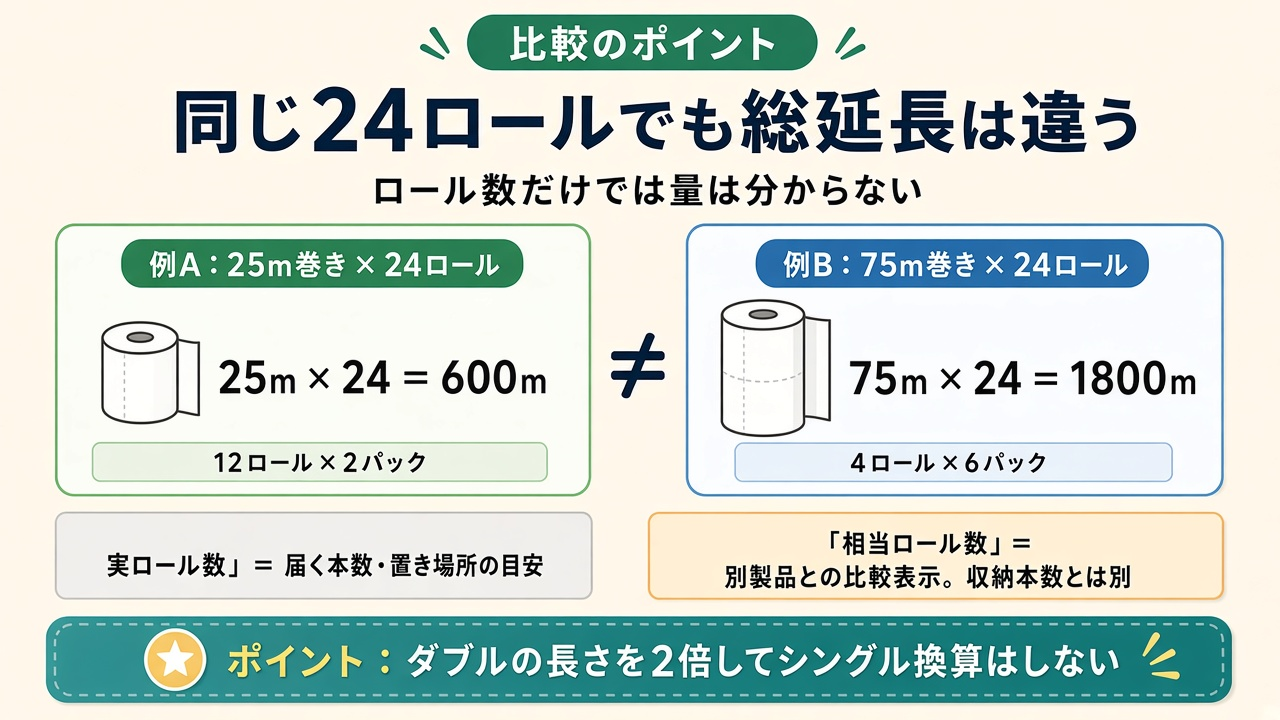 同じ24ロールでも総延長は違う|25m×24=600mと75m×24=1800mの比較、実ロール数と相当ロール数を分ける図