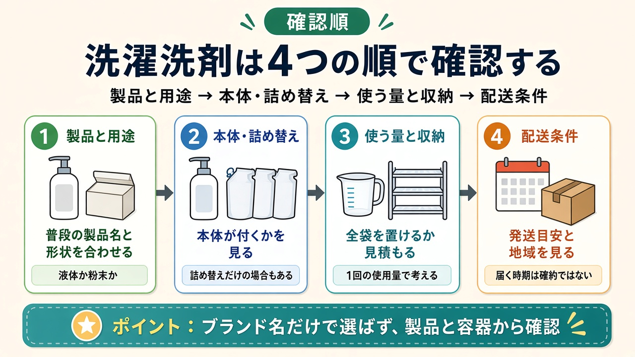 洗濯洗剤は確認順で選ぶ|製品と用途・本体と詰め替え・使う量と収納・配送条件のフロー図