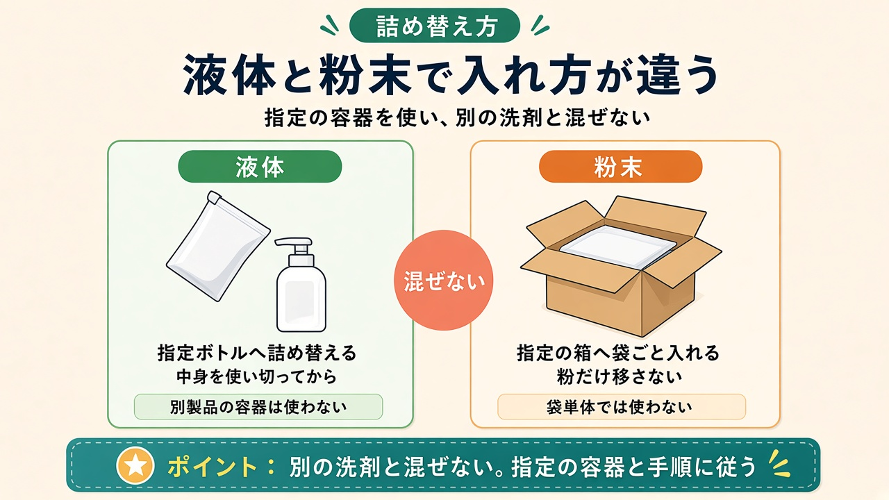 液体は指定ボトルへ詰め替え、粉末は指定の箱へ袋ごと入れる|混ぜない注意の図