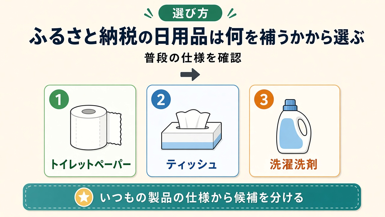 ふるさと納税の日用品は何を補うかから選ぶ|紙・ティッシュ・洗剤の分岐図