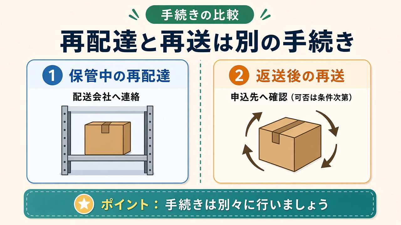 再配達と再送は別の手続き|保管中は配送会社、返送後は申込先へ確認する図