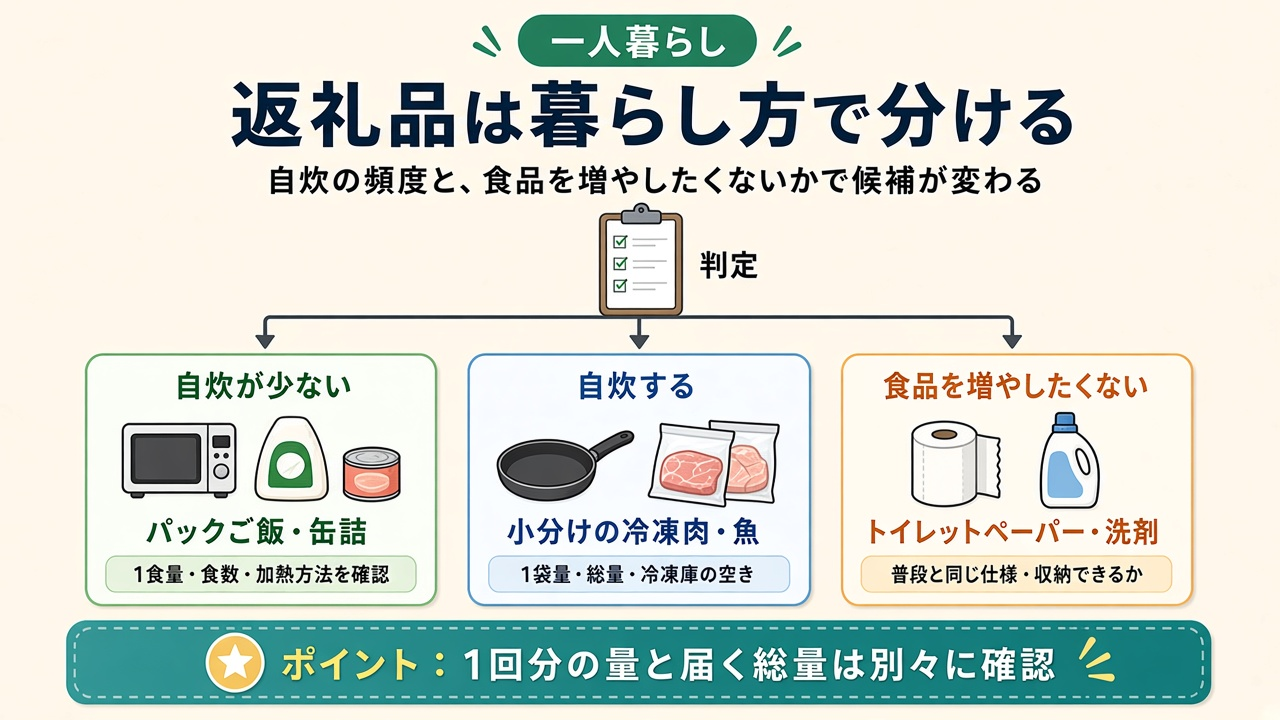 一人暮らしの返礼品は暮らし方で分ける|自炊が少ない/自炊する/食品を増やしたくないの3分岐図