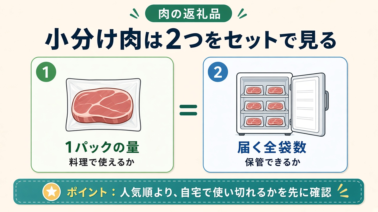小分け肉は2つをセットで見る|1パックの量と届く全袋数の図