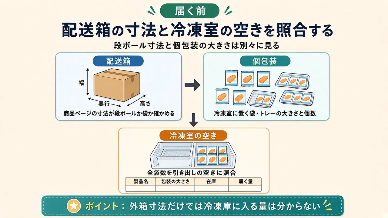 配送箱の寸法と冷凍室の空きを照合する|段ボール寸法と個包装を分け、全袋数を引き出しの空きに照合する図