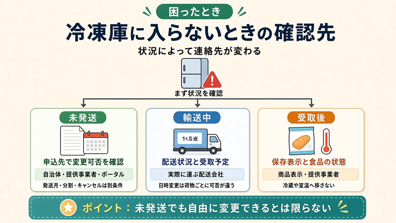 冷凍庫に入らないときの確認先|未発送・輸送中・受取後で連絡先が変わる3分岐図