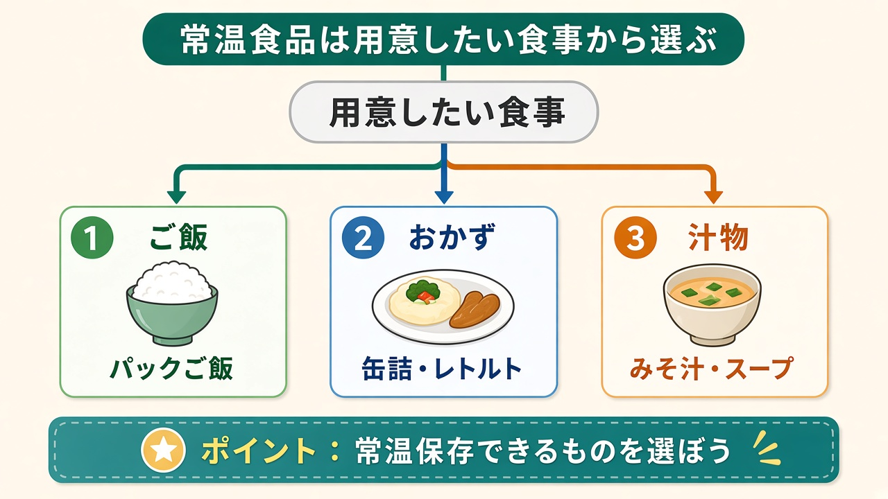 常温食品は用意したい食事から選ぶ|ご飯・おかず・汁物の分岐図