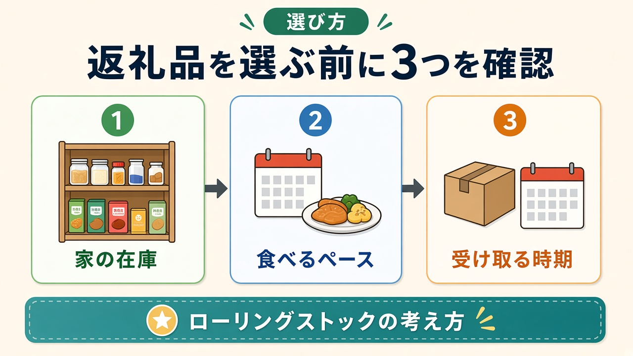 返礼品を選ぶ前に3つを確認|家の在庫・食べるペース・受け取る時期の図