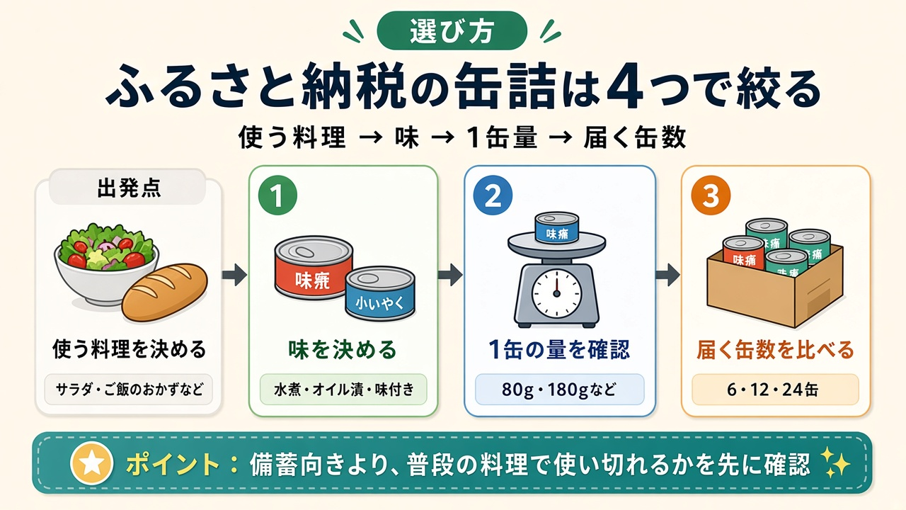 ふるさと納税の缶詰は4つで絞る|使う料理→味→1缶量→届く缶数の選び方フロー
