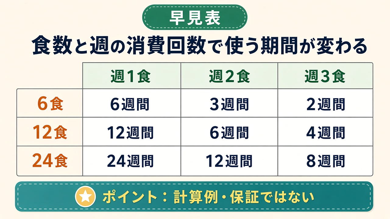 食数と週の消費回数で使う期間が変わる|6・12・24食×週1・2・3食の比較表図
