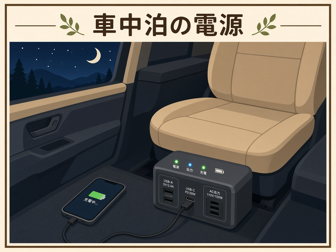車内に置いたコンパクトなポータブル電源|車中泊用途だと一目で分かる