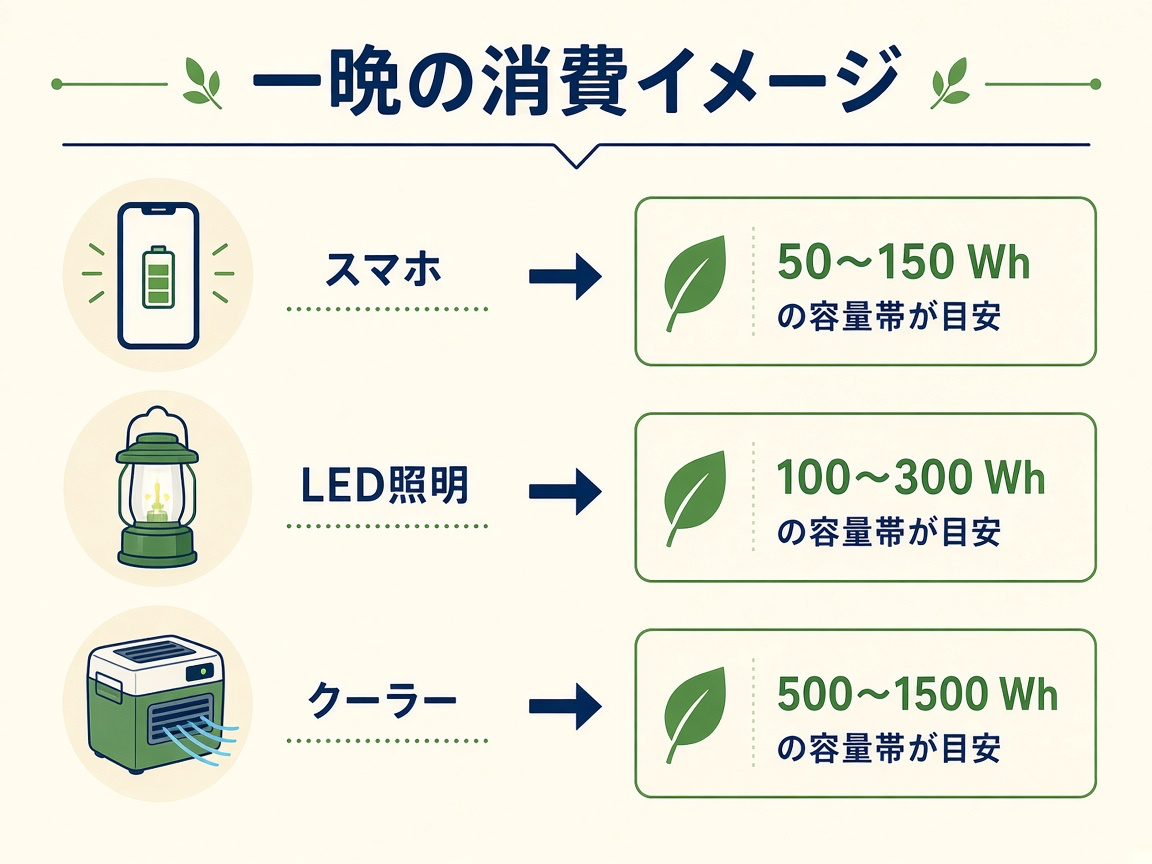 一晩の消費イメージ(スマホ・LED・クーラー)|どのWh帯を考えるか