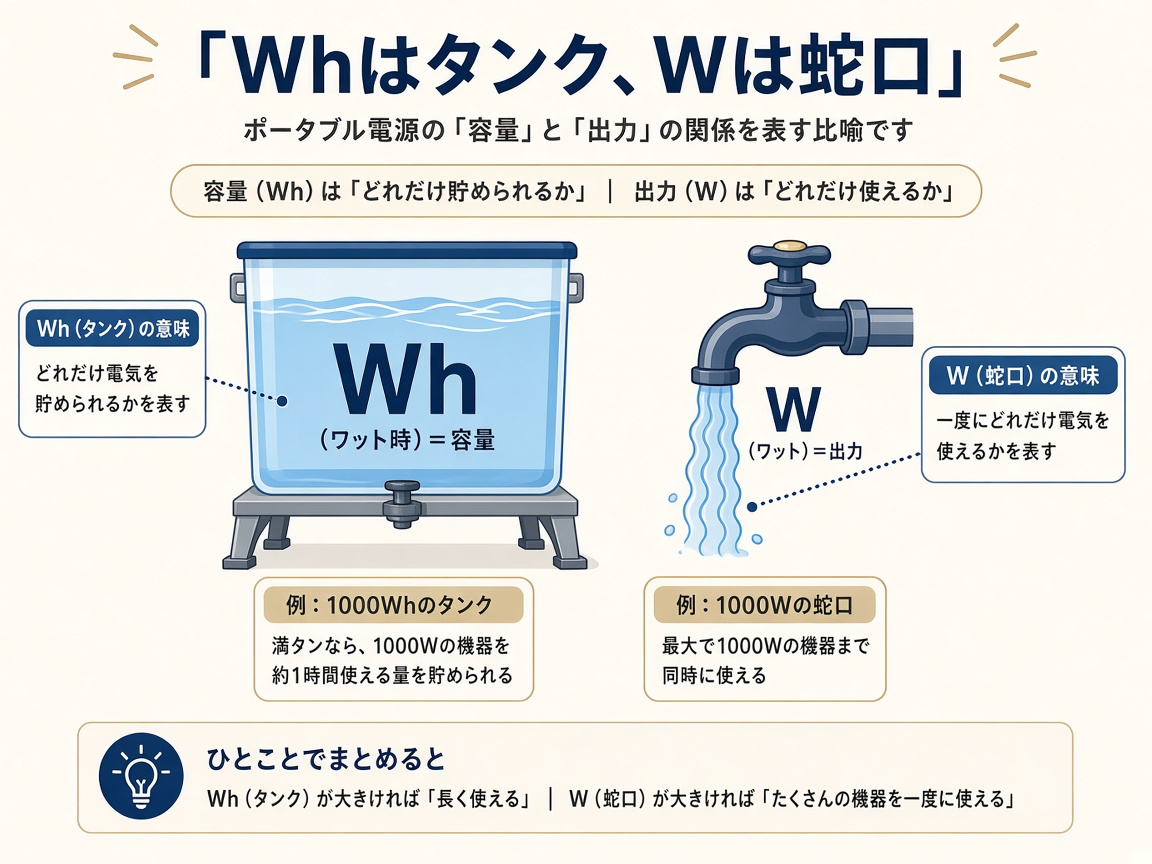 タンク(Wh)と蛇口(W)の対比|WhとWを混同しない