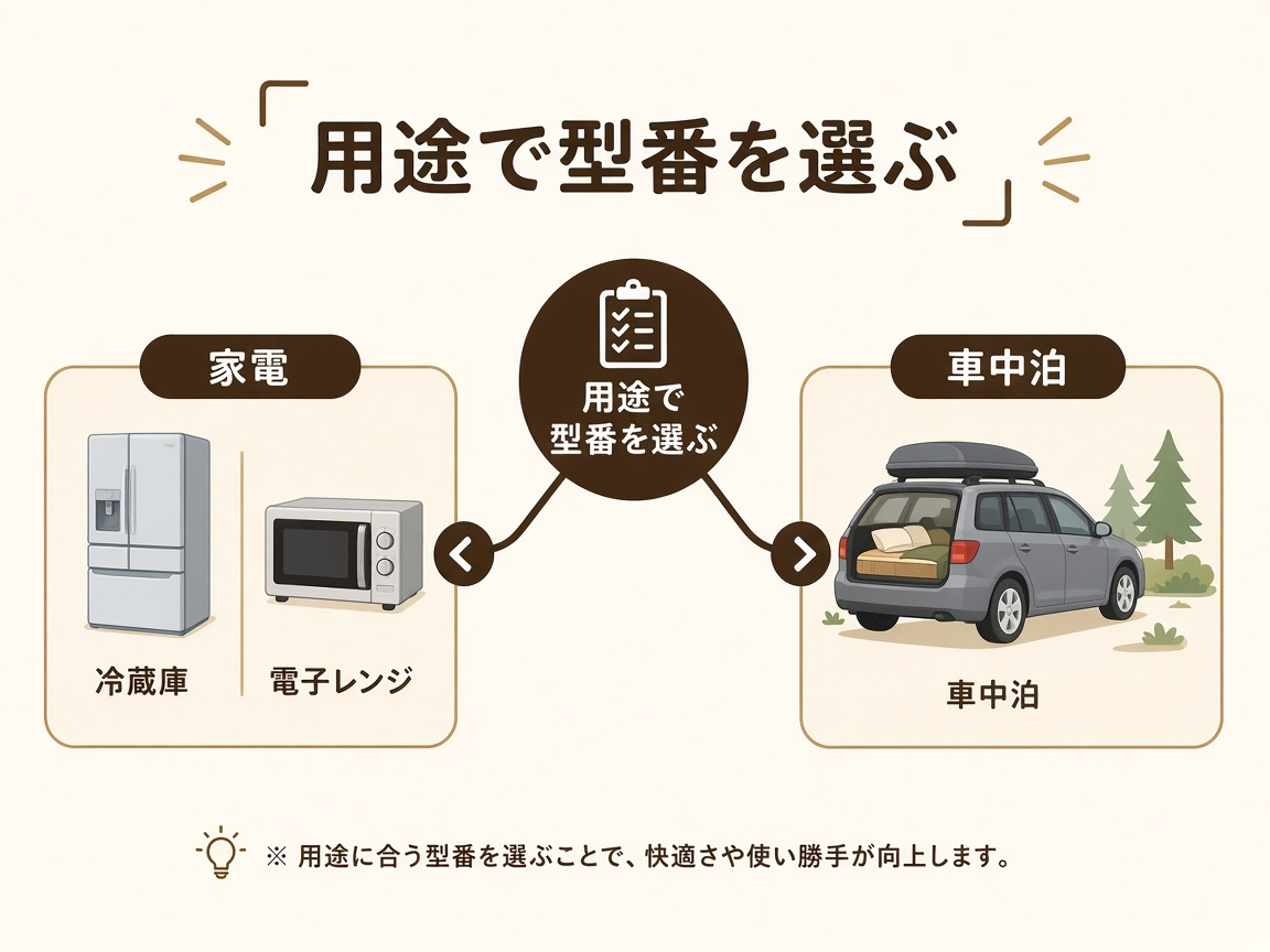 家電と車中泊のアイコン分岐|自分の用途