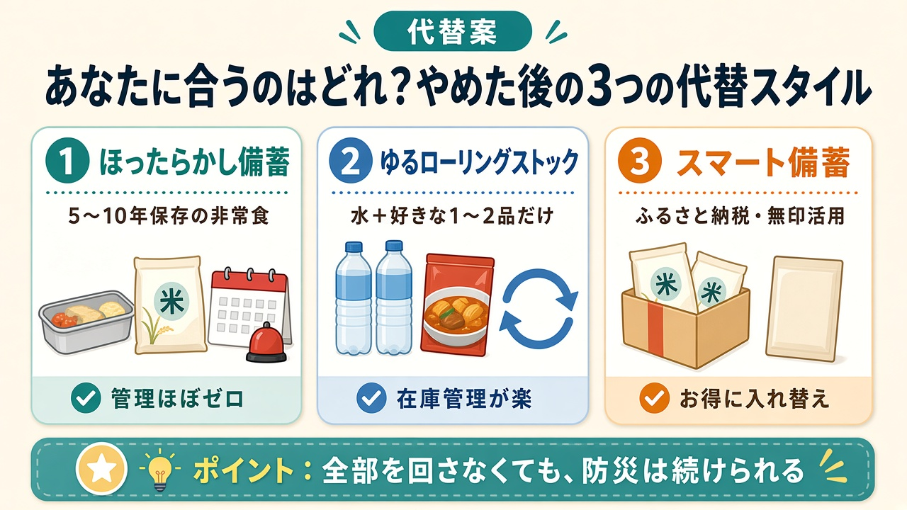 ローリングストックをやめた後の3つの代替備蓄スタイルの比較図