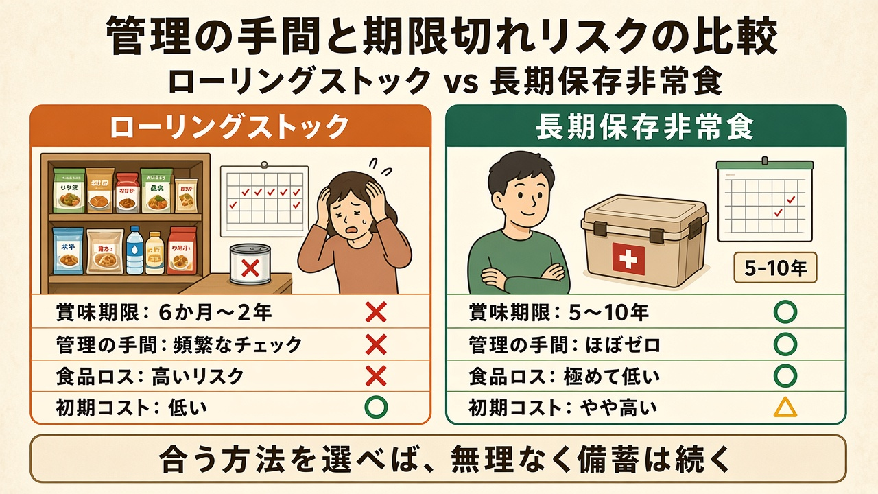 ローリングストックと長期保存非常食の手間・期限・コストの比較図解