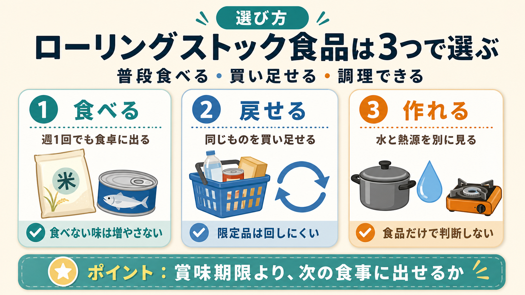 ローリングストック食品は3つで選ぶ|普段食べる・買い足せる・調理できるで判断する図