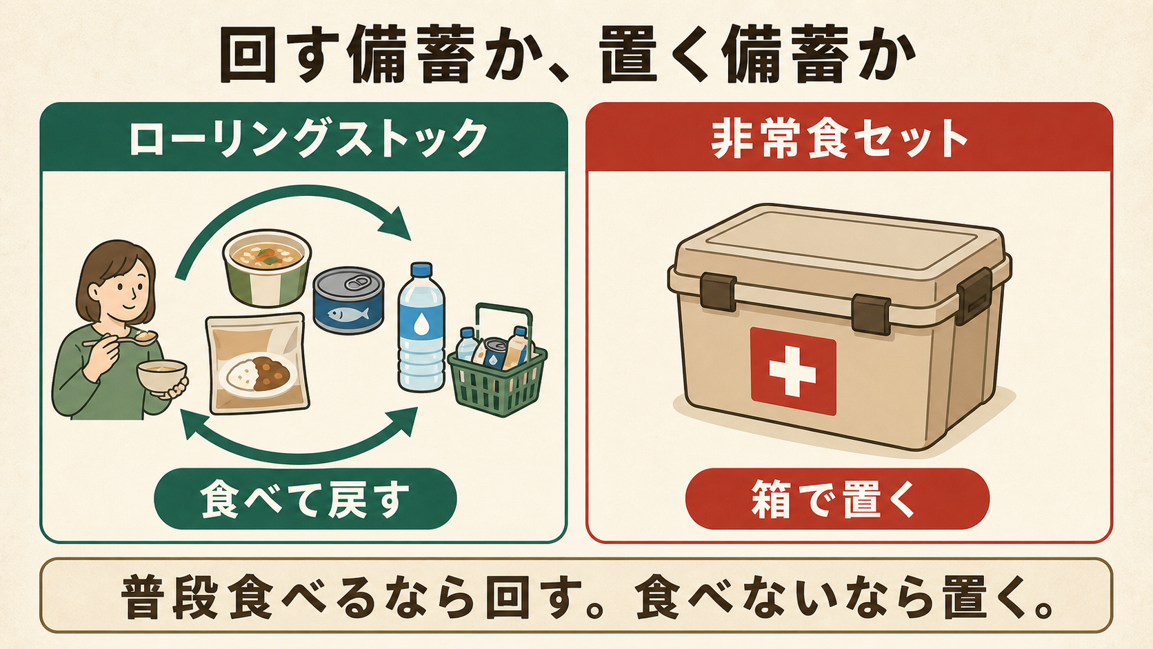 ローリングストックと非常食セットを、回す備蓄と置く備蓄で分ける図