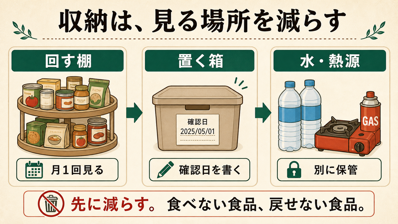 ローリングストックの収納を、回す棚・置く箱・水と熱源に分ける図