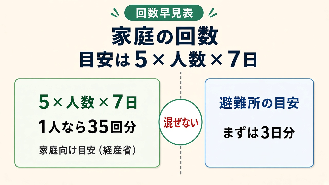家庭の回数目安は5×人数×7日|避難所の「まず3日分」と混ぜない図