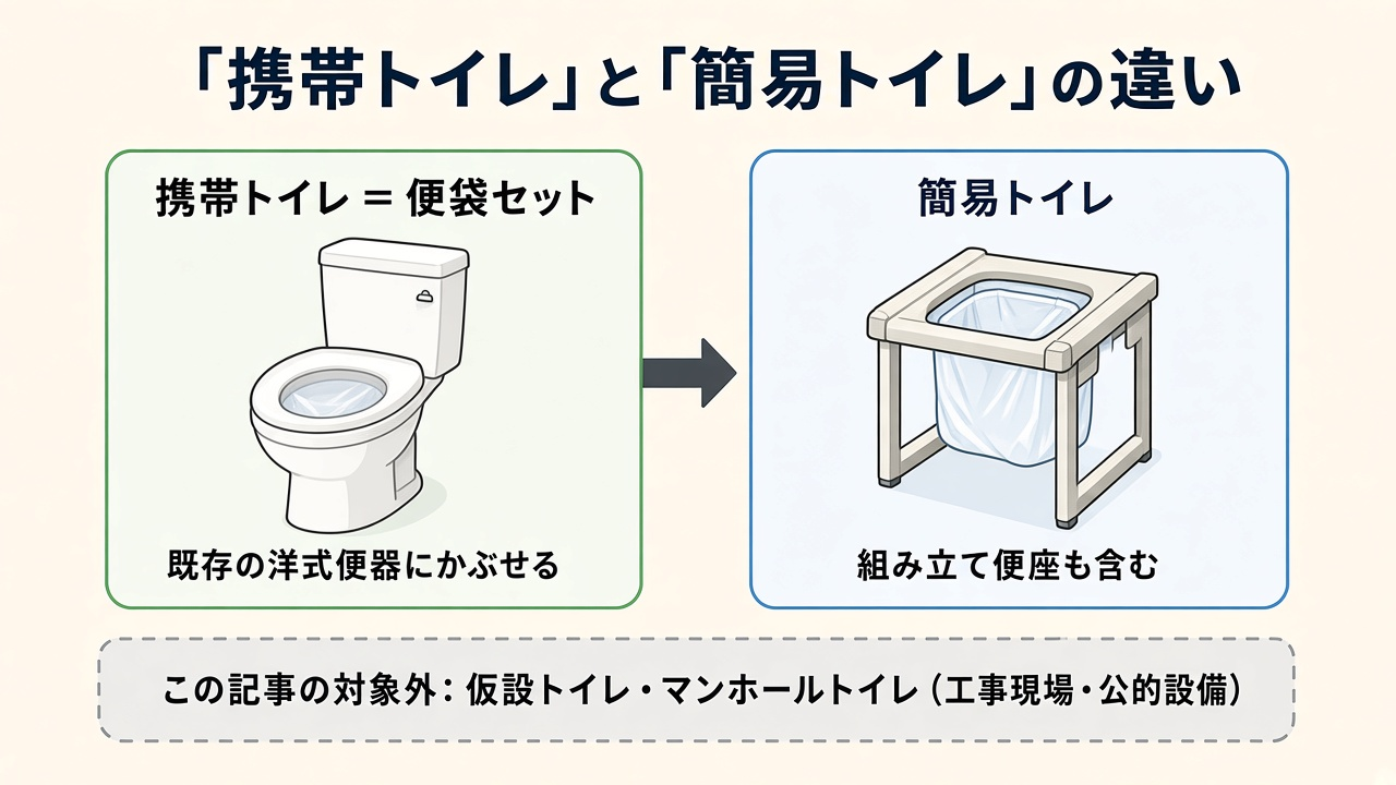 携帯トイレは便袋セット、簡易トイレは組み立て便座も含む|仮設・マンホールは対象外