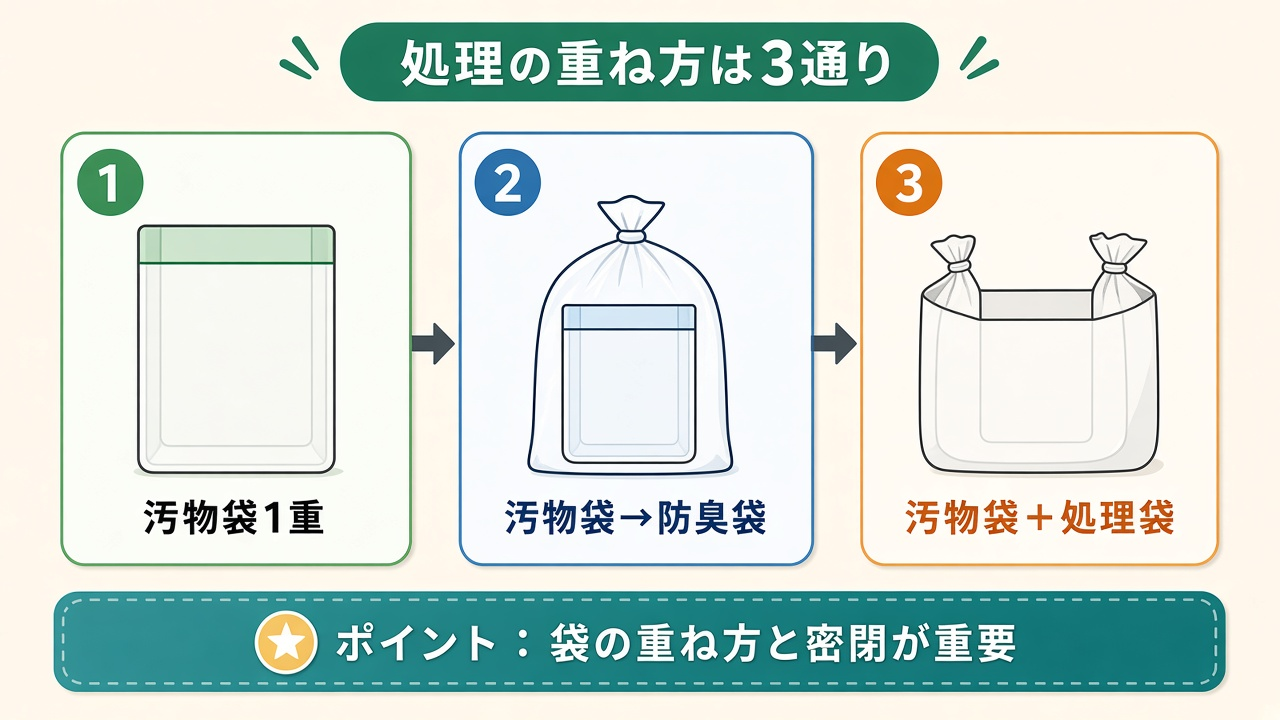 処理の重ね方は3通り|汚物袋1重・防臭袋・処理袋の二重の図