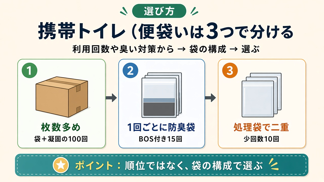 携帯トイレ(便袋)は枚数・防臭袋・二重処理の3つで分ける図