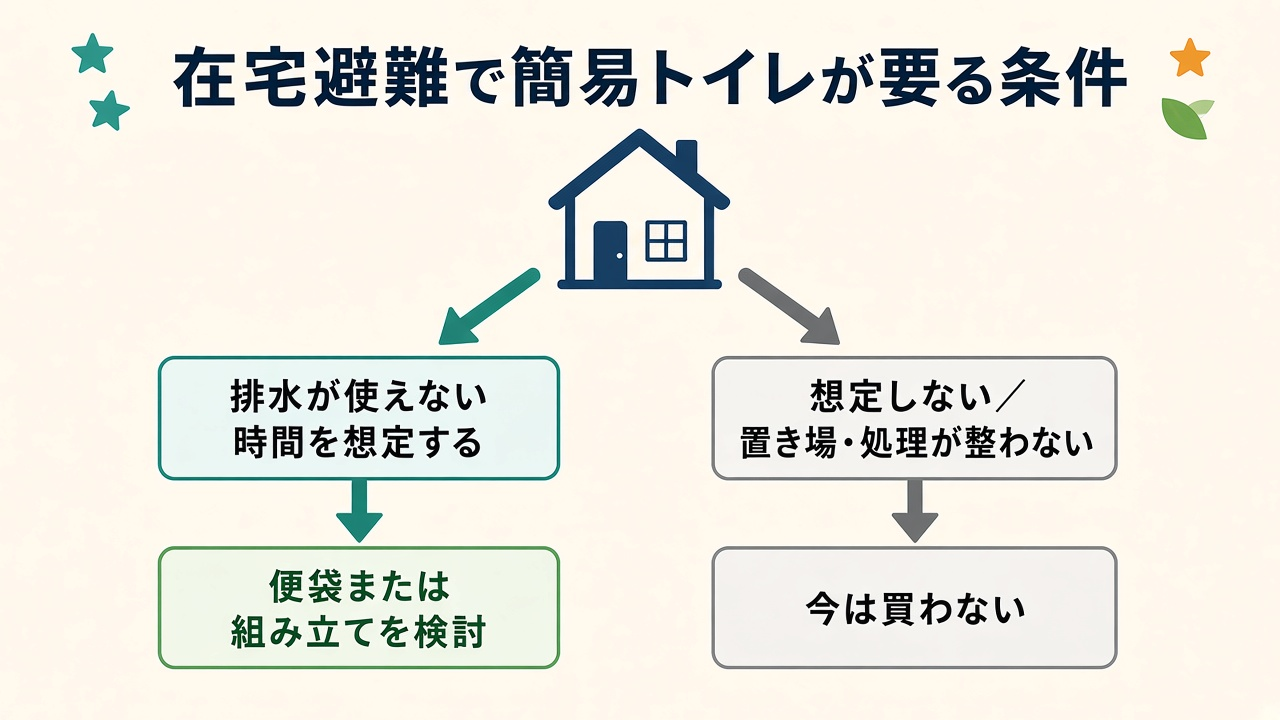 在宅避難で簡易トイレが要る条件|排水が使えない時間を想定するかで分ける図