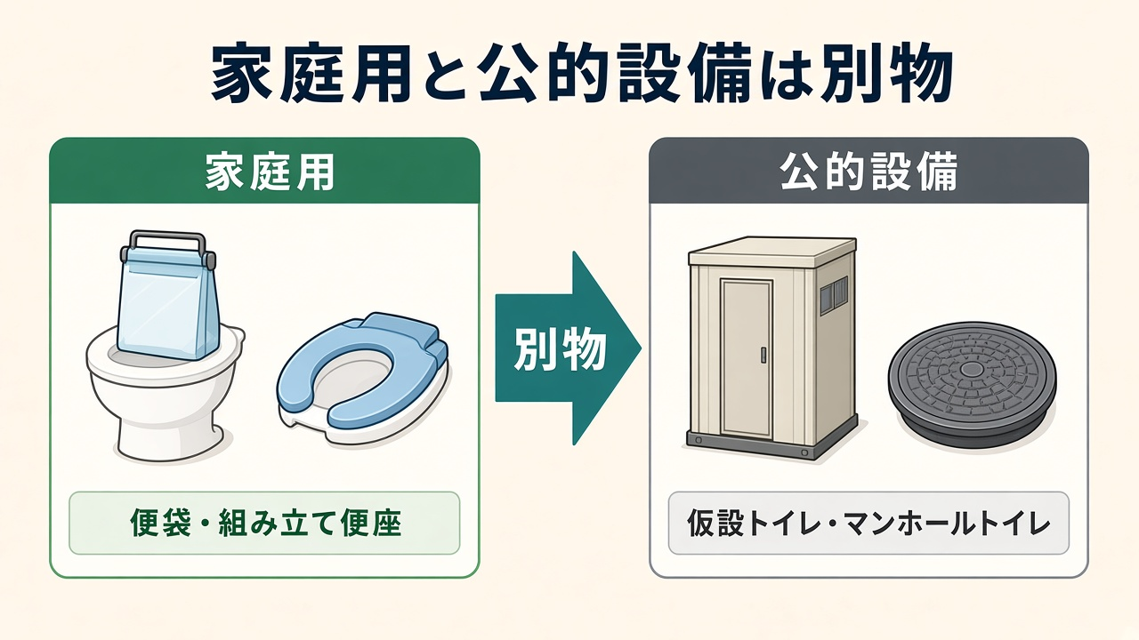 家庭用と公的設備は別物|便袋・組み立て便座と仮設・マンホールトイレの図