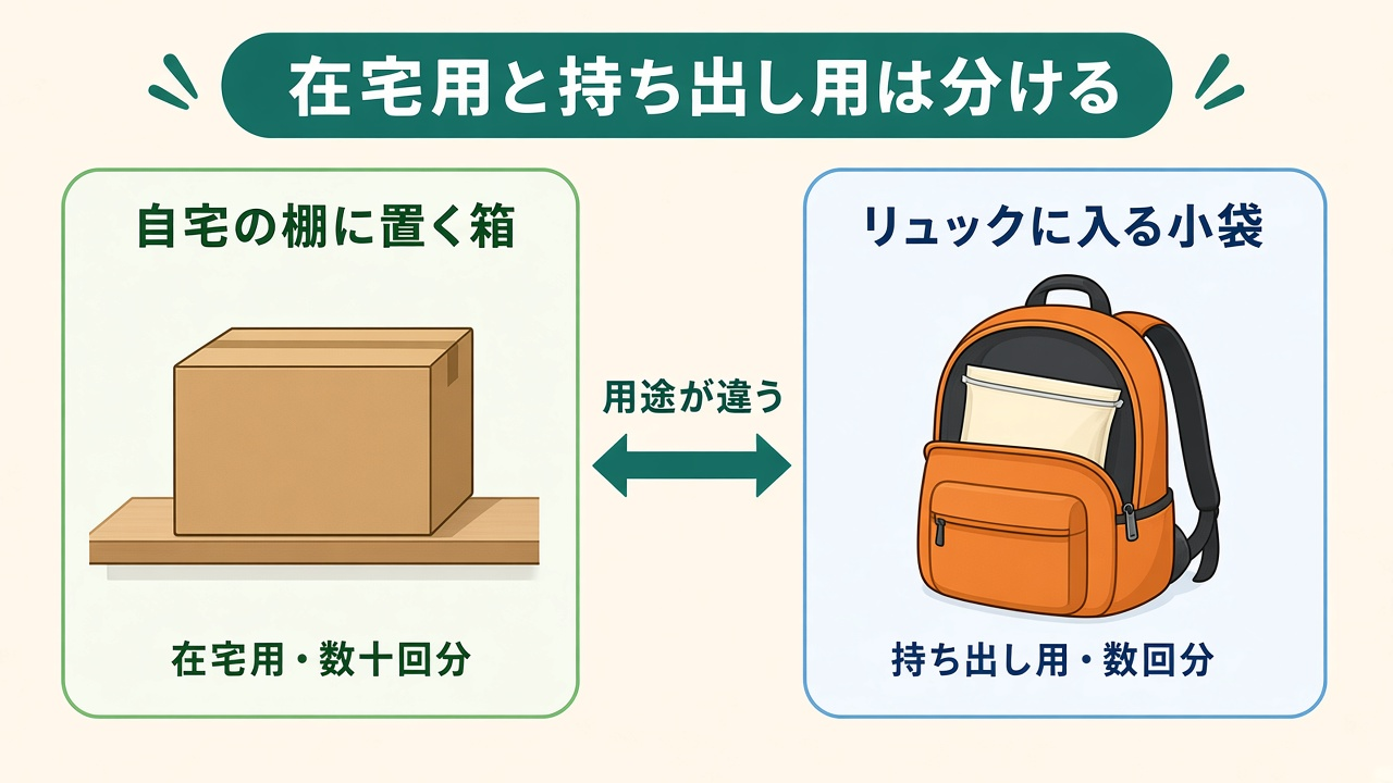 在宅用と持ち出し用は分ける|自宅の棚に置く箱とリュックの小袋の図