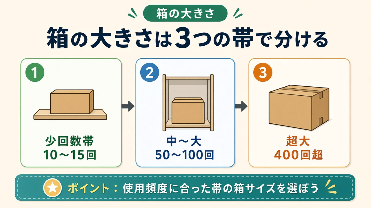 箱の大きさは3つの帯で分ける|少回数・中〜大・超大の置き場の図