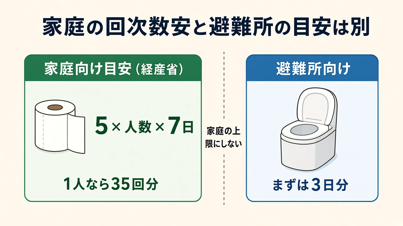 家庭の回数目安と避難所の目安は別|5×人数×7日と「まず3日分」を混ぜない図