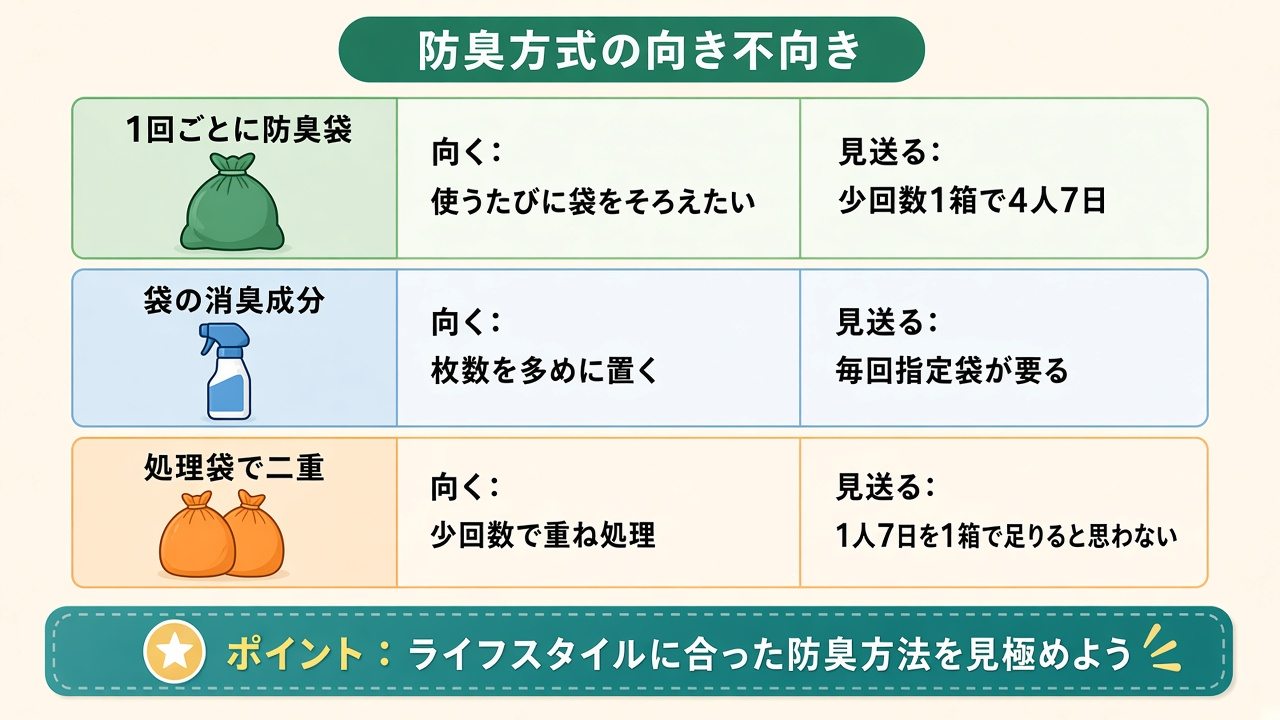 防臭方式の向き不向き|3方式×向く条件・見送る条件のマトリクス図
