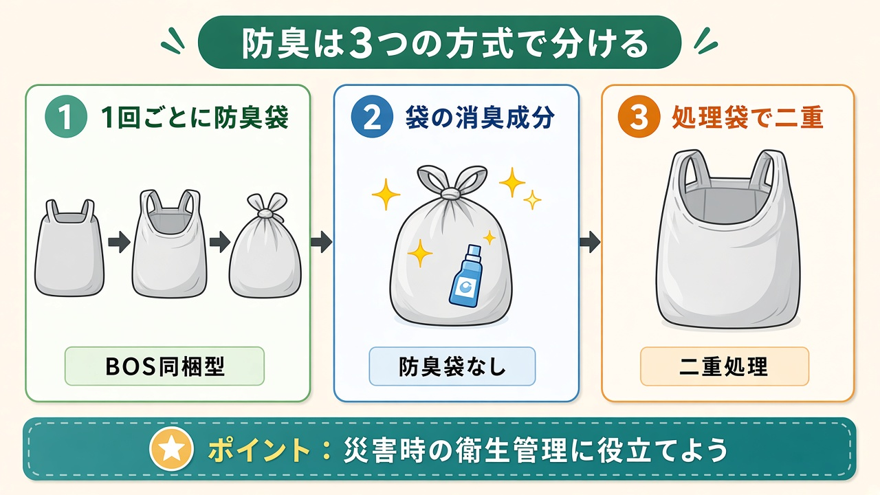 防臭は3つの方式で分ける|防臭袋・袋の消臭成分・処理袋の二重の図