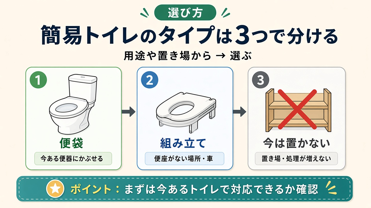 簡易トイレのタイプは便袋・組み立て・今は置かないの3つで分ける図