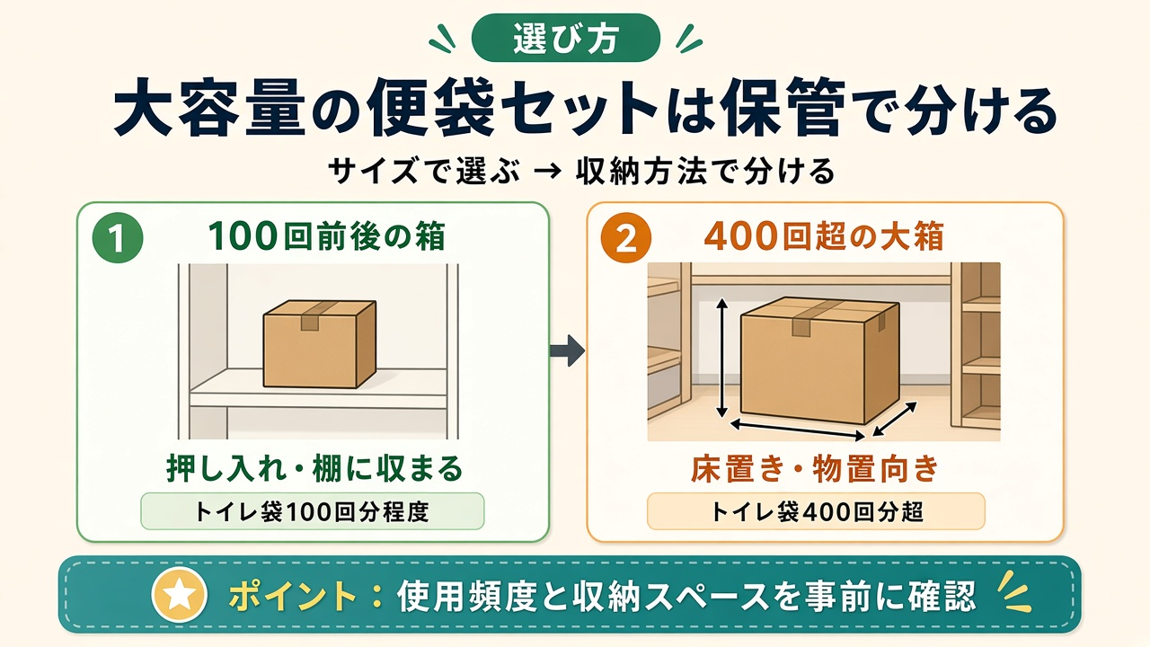 大容量の便袋セットは保管で分ける|100回前後の箱と400回超の大箱の図