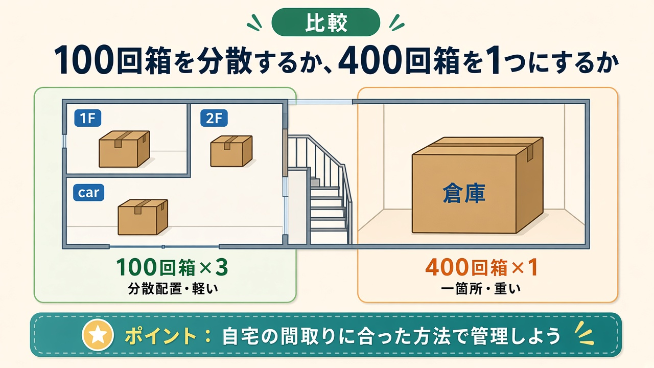100回箱を分散するか、400回箱を1つにするか|分散配置と一箇所保管の比較図