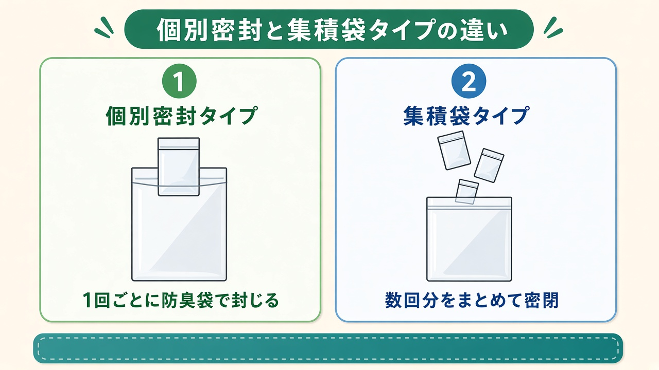 個別密封と集積袋タイプの違い|1回ごとに防臭袋で封じるか、数回分をまとめて密閉するかの図