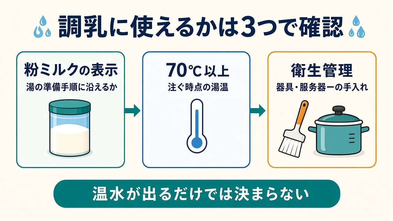 調乳に使えるかは3つで確認|粉ミルクの表示・70℃以上・衛生管理の図