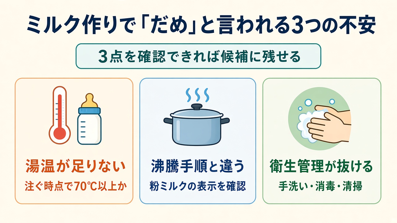 ミルク作りで「だめ」と言われる3つの不安|湯温・沸騰手順・衛生管理の図