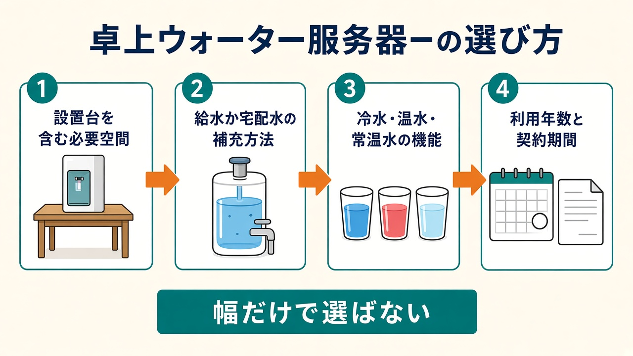 卓上ウォーターサーバーの選び方|設置空間・補充方法・機能・契約期間の4ステップ図